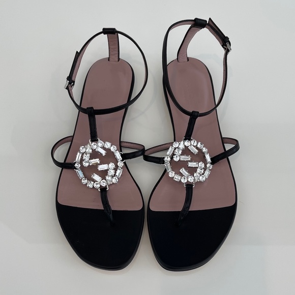 GUCCI BLACK LEATHER CRYSTAL GUCCI SANDALS SIZE IT 37 / US 7 NEW IN BOX! - Picture 9 of 17
